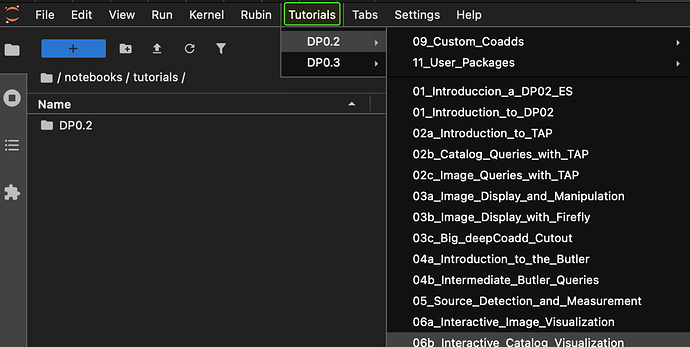 screenshot of new Tutorial JupyterLab menu